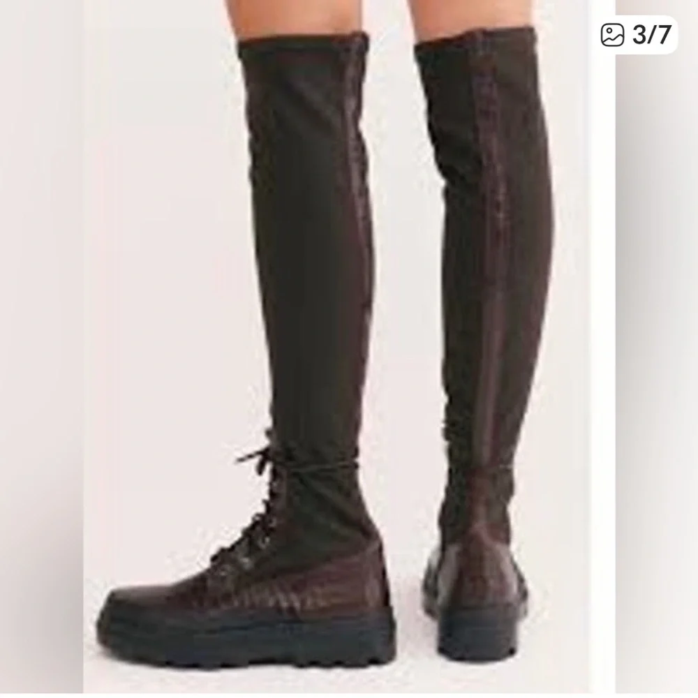 Free People Shoreditch Over The Knee Boots Brown Croc Size 38 New